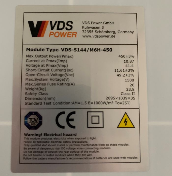 VENDATO  Solar 450 Wp -  VDS-S144/M6H 