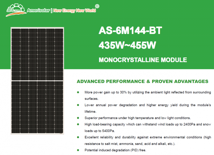 Panou solar monocristalin Amerisolar Bifacial 450 W - AS-6M144-BT