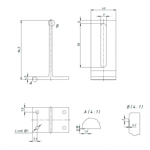 Suport în T din aluminiu cu 4 găuri de 5 mm (pentru șuruburi) 95*58 mm